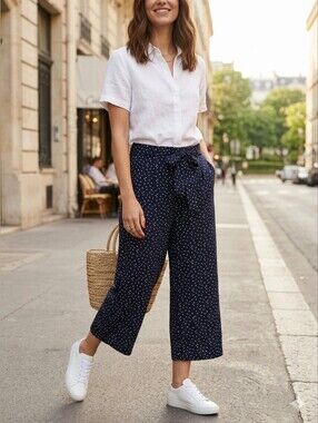 Aritzia Wilfred Wide Leg Crop Pants Navy White Dot Print Tie Waist Size L